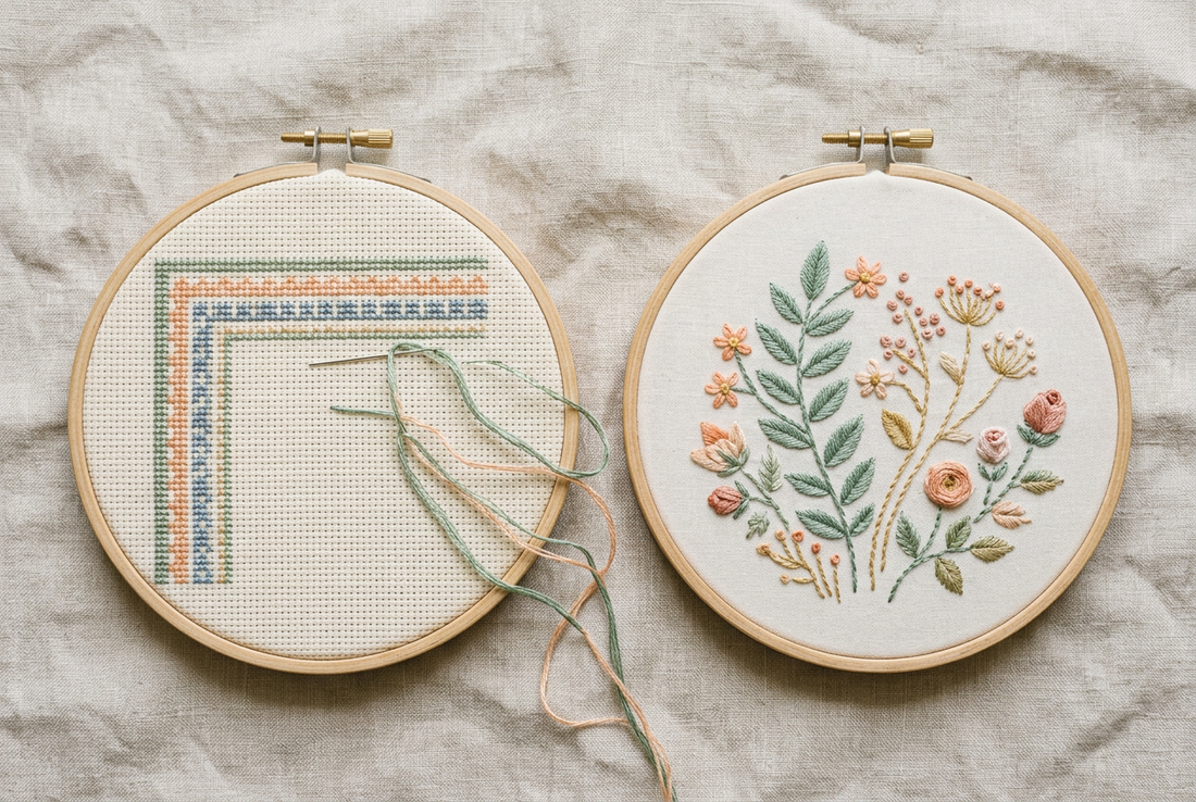 Cross stitch and surface embroidery side by side in two hoops showing the difference
