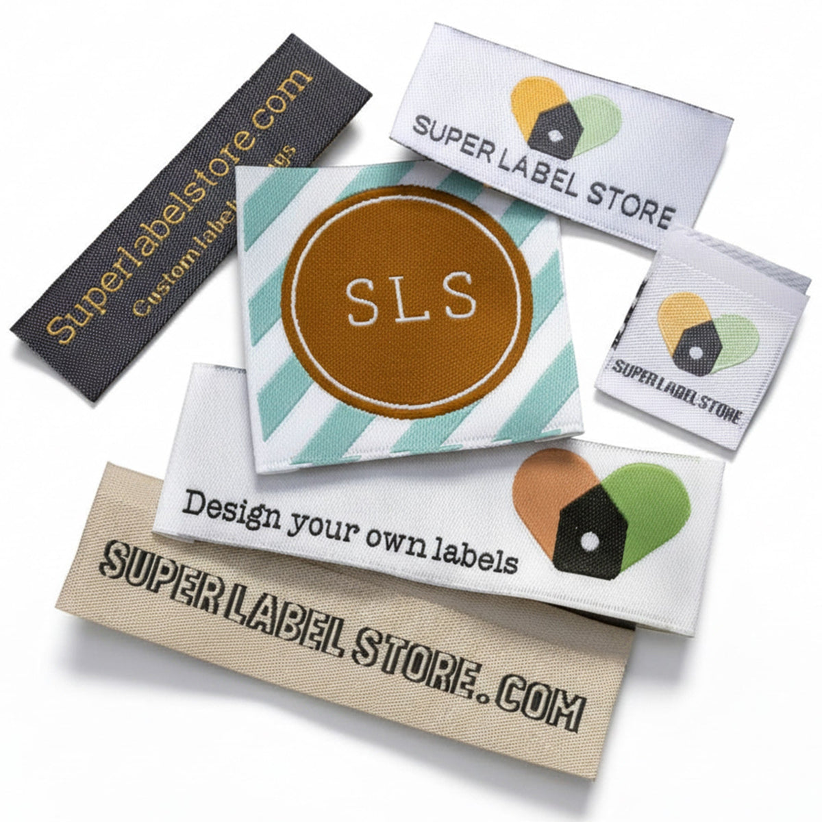 Woven branding samples on white, including a mint-striped SLS square, cream wordmark and small folded logo tag.