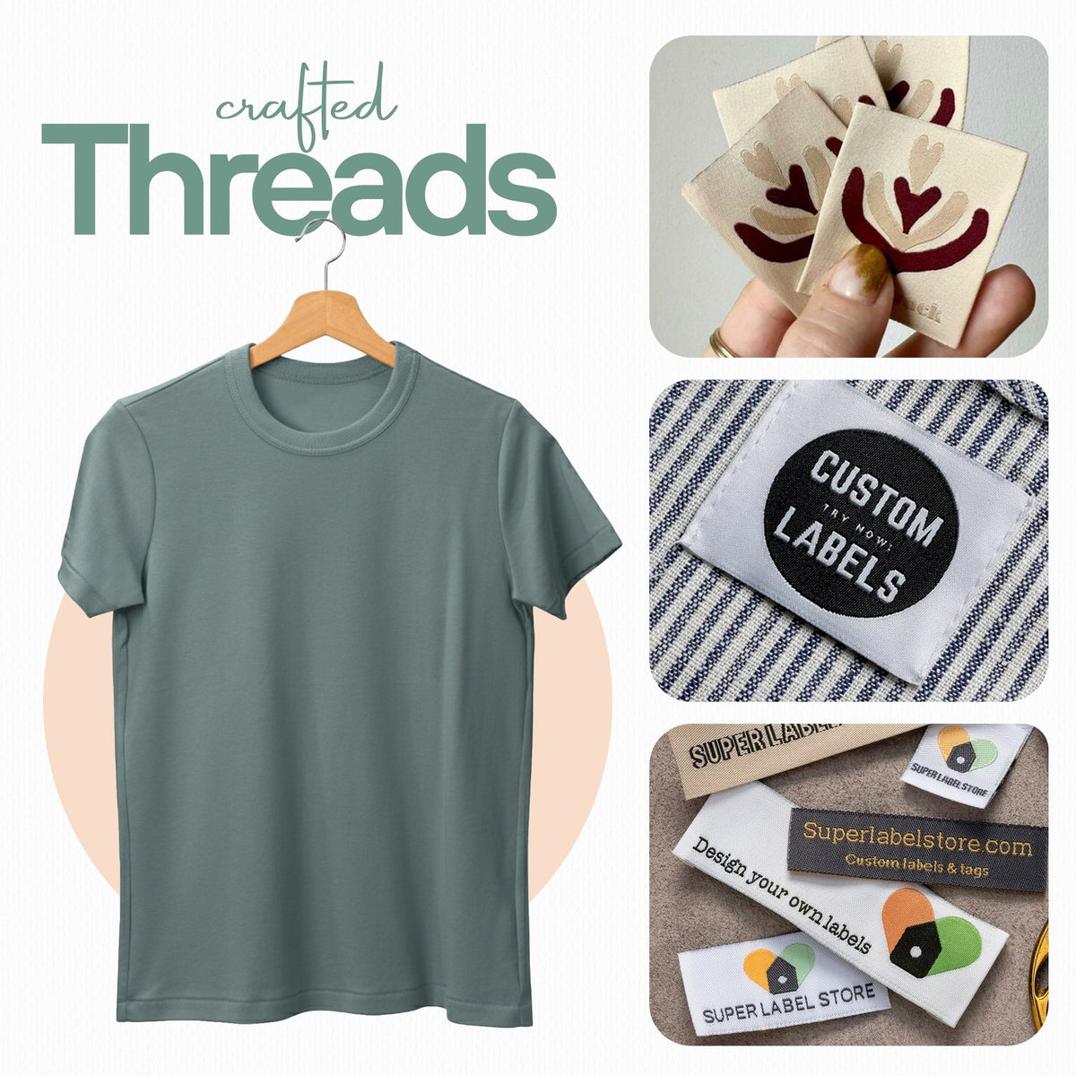 Crafted Threads collage with a green T-shirt, cream heart-motif labels and close-ups of woven branding samples.