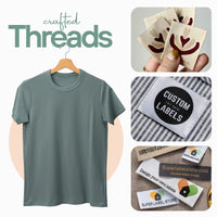 Crafted Threads collage with a green T-shirt, cream heart-motif labels and close-ups of woven branding samples.