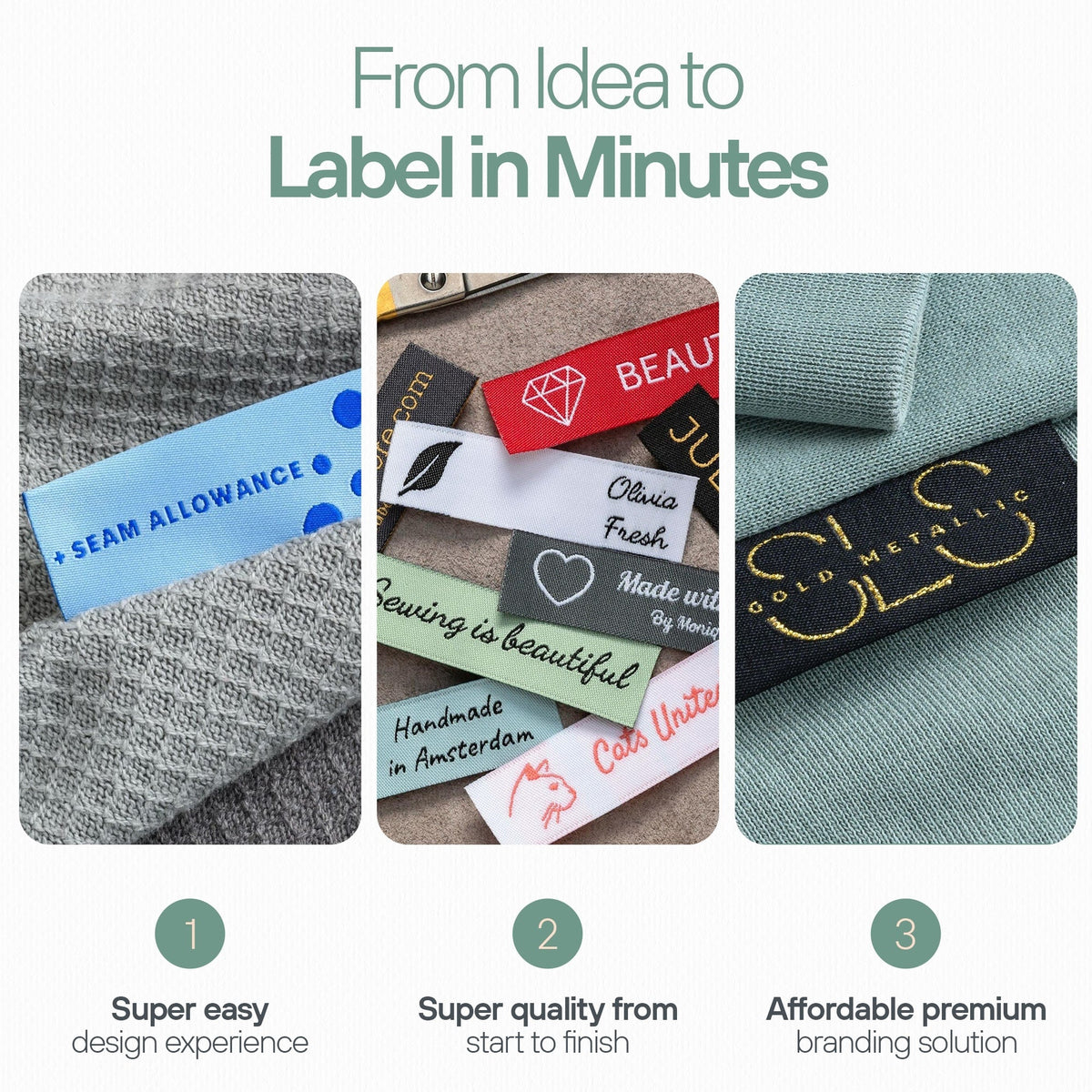 From Idea to Label in Minutes graphic showing a blue seam-allowance tag, colorful label samples and a gold-on-black logo.