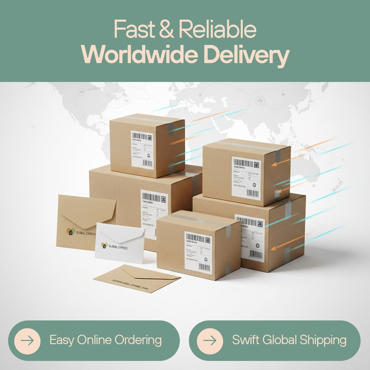 Worldwide delivery graphic with stacked shipping boxes and envelopes, plus online ordering and global shipping messages.