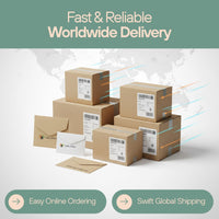 Worldwide delivery graphic with stacked shipping boxes and envelopes, plus online ordering and global shipping messages.